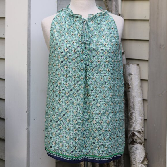 Max Studio Green Yellow Blue Print Ruffle Tie Neck Sleeveless Chiffon Top Sz LRG - Picture 1 of 8